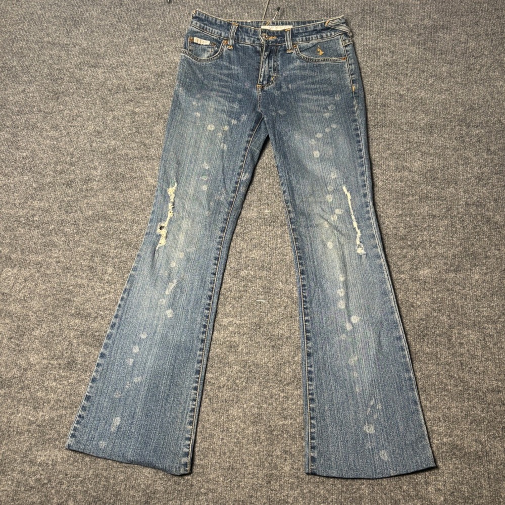Baby Phat Flare Jeans Juniors Sz 1 Medium Wash Bleached Polka Dot Distressed Y2K